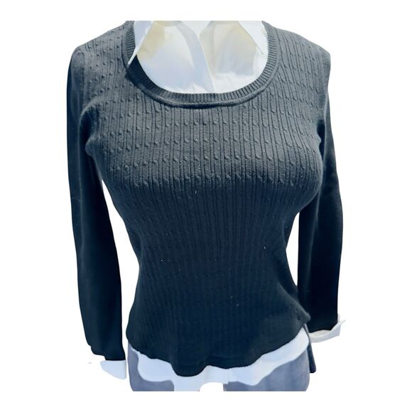 Notation Black Sweater White Collar Sleeve Bottom Trim Large - Picture 2 of 11